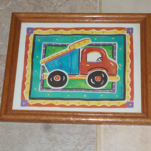 Boy truck print in wood frame, approximately 11 3/4"x9.5" - Picture 5 of 5
